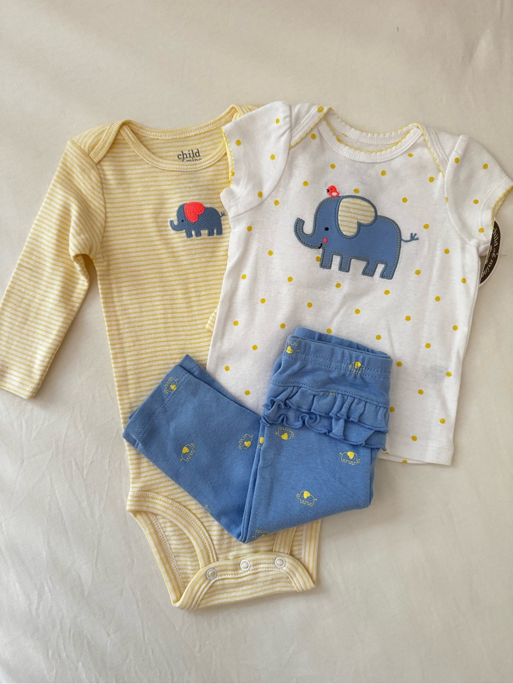 Child of Mine Yellow, White & Blue Elephant 3-Piece Baby Outfit - 3-6 months